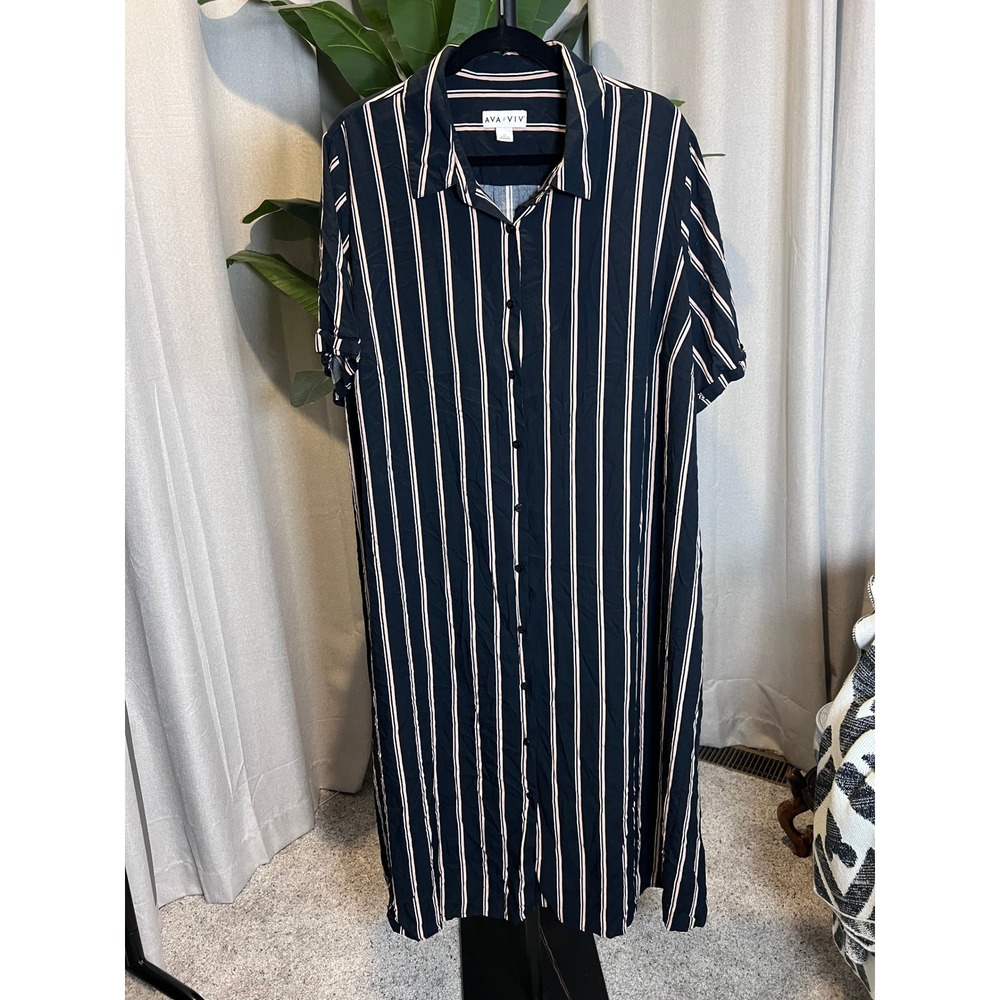 Ava & Viv Womens 2X Navy Blue Striped Short Sleeve Button Front Midi Shirt Dress